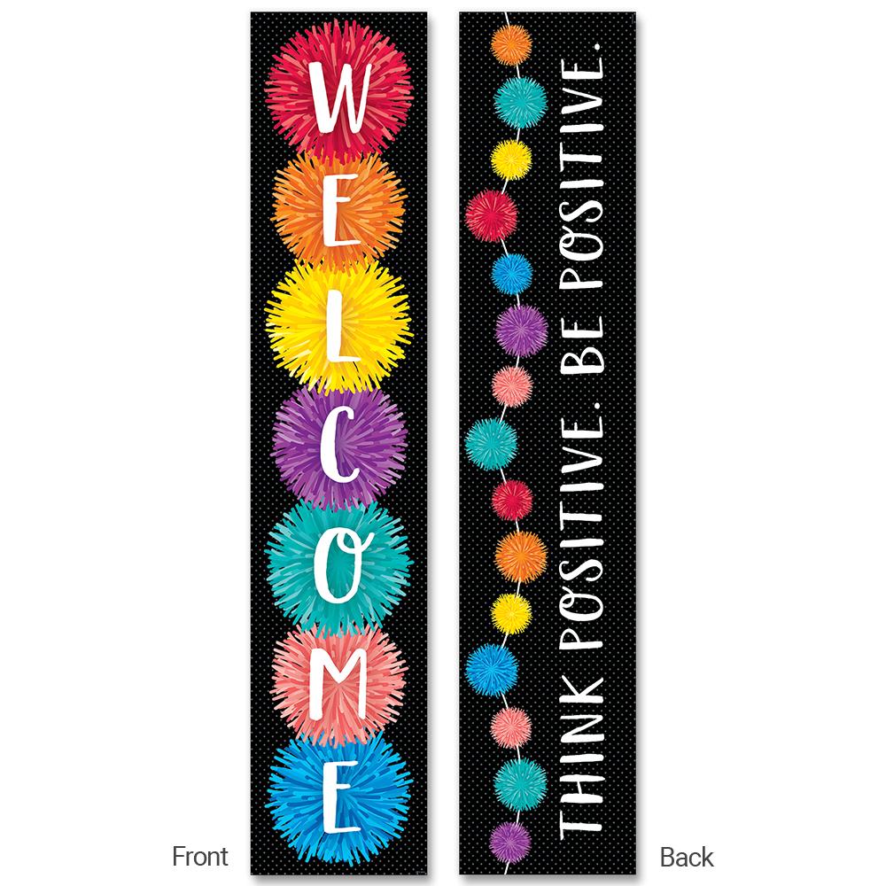 POM-POMS (WELCOME!/THINK POSITIVE. BE POSITIVE) vertical BANNER (39''x8'')(99cmx20.3cm) (1pc Double Sided)