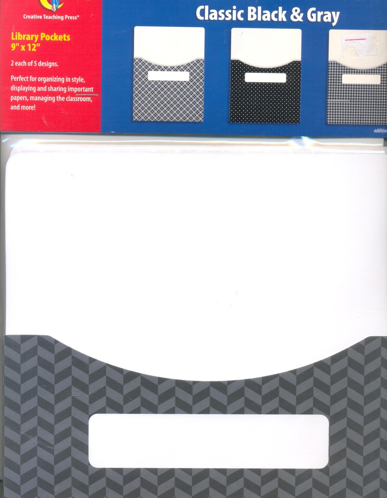 CLASSIC BLACK &amp; GRAY LIBRARY POCKETS- Ex (Lg 23cmx30cm-9''x11.8'') (10 pockets)