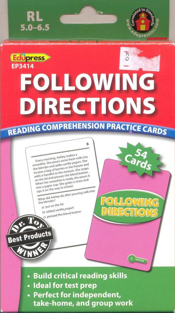 Following Directions,Practice Cards (Green Level)(RL:5.0-6.5) 54 Cards
