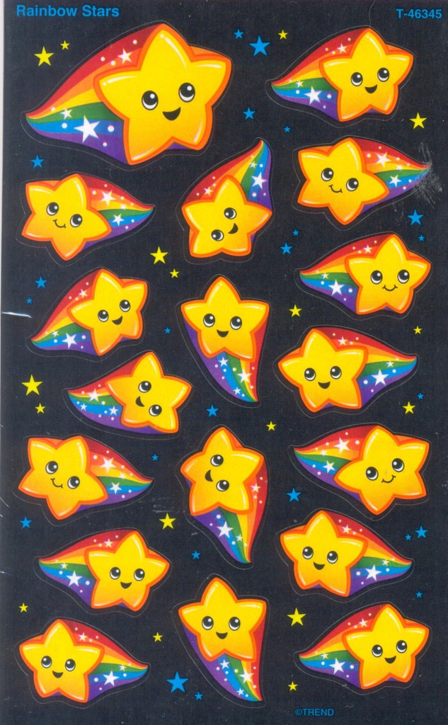Rainbow Stars Super Shapes Stickers (8 Sheets) 1 large (1.9''x1.1'')(5cmx3cm) rest (1.3''x0.7'')(3.5cmx2cm)