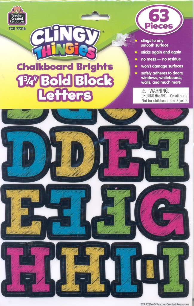 Chalkboard Brights Bold Block  Clingy Thingies Letters (1.75- 4.44cm)(63 pcs)